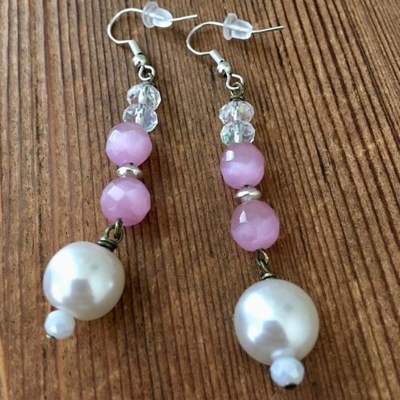 * Pink and Pearl Ladies Dangle Earrings,  Handmade Ladies Earrings - Picture 1 of 2